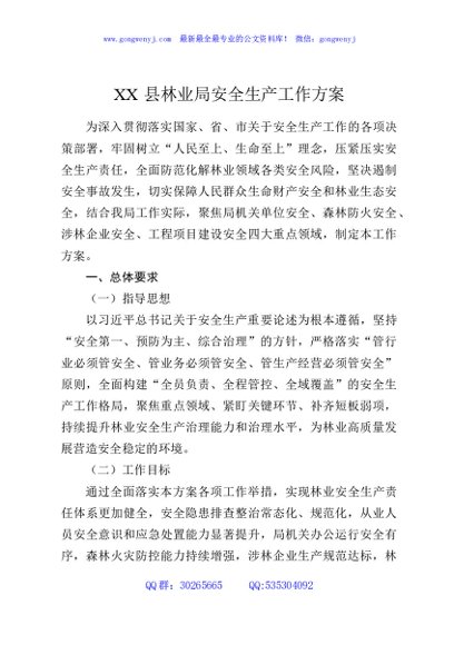 XX县林业局安全生产工作方案