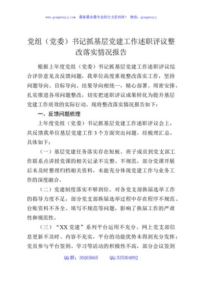 党组（党委）书记抓基层党建工作述职评议整改落实情况报告