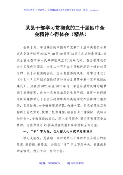 某县干部学习贯彻党的二十届四中全会精神心得体会（精品）