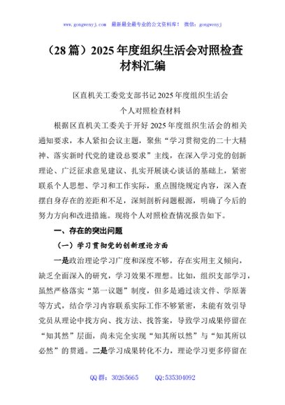 （28篇）2025年度组织生活会对照检查材料汇编