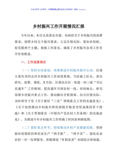 乡村振兴工作开展情况总结汇报