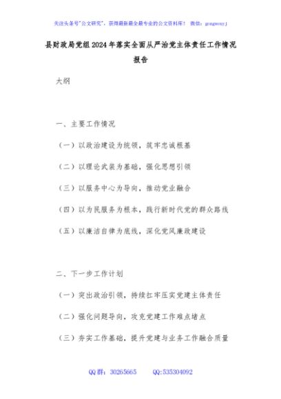 县财政局党组2024年落实全面从严治党主体责任工作情况报告
