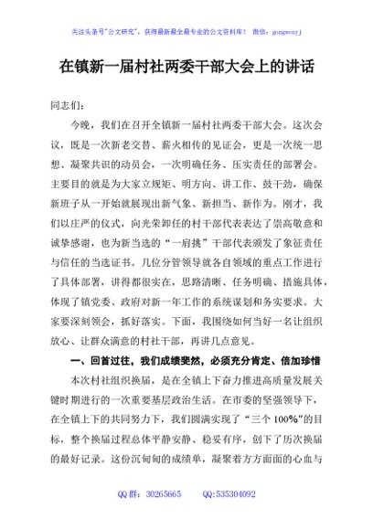 在镇新一届村社两委干部大会上的讲话