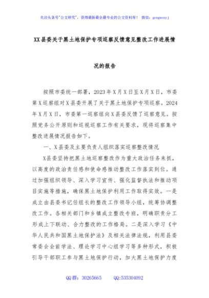 XX县委关于黑土地保护专项巡察反馈意见整改工作进展情况的报告