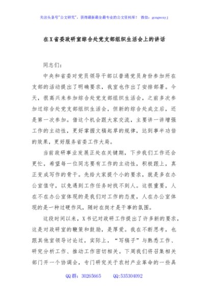 在X省委政研室综合处党支部组织生活会上的讲话