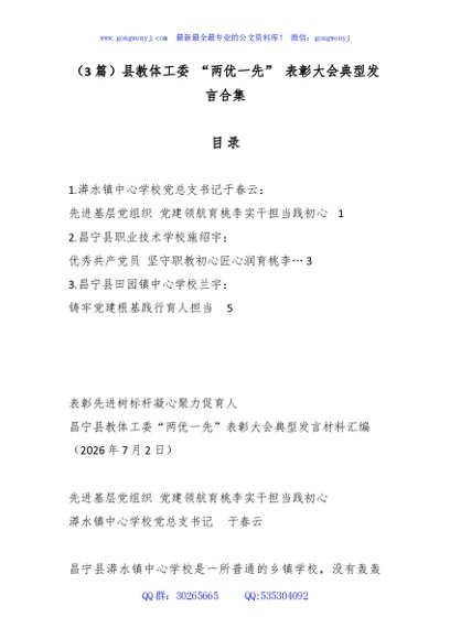 （3篇）县教体工委“两优一先”表彰大会典型发言合集