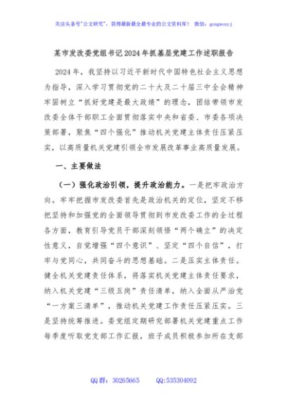 某市发改委党组书记2024年抓基层党建工作述职报告