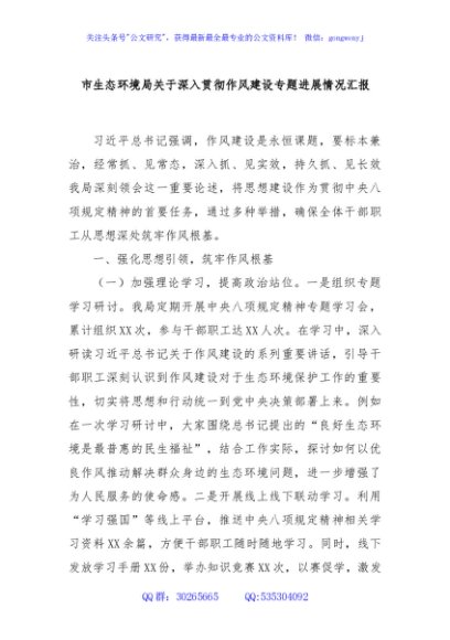 市生态环境局关于深入贯彻作风建设专题进展情况汇报