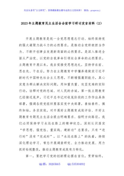 2023年主题教育民主生活会会前学习研讨发言材料（2）
