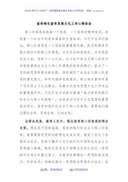 宣传部长宣传思想文化工作心得体会