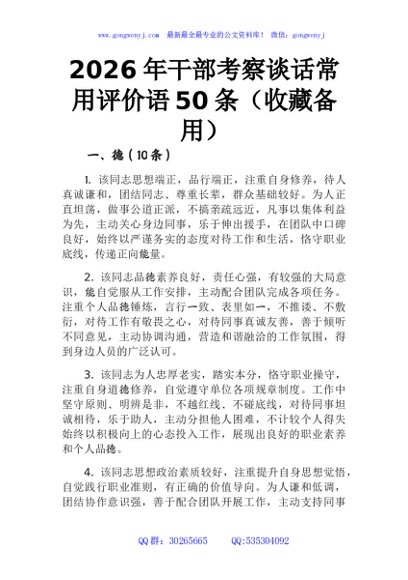 2026年干部考察谈话常用评价语50条