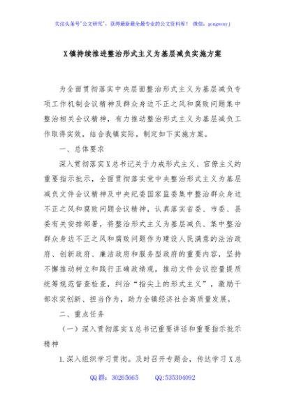 X镇持续推进整治形式主义为基层减负实施方案