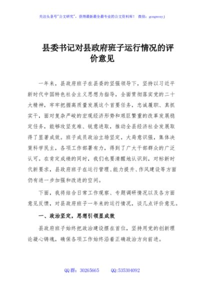 县委书记对县政府班子运行情况的评价意见