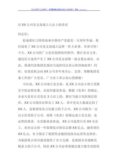 在XX公司党支部成立大会上的讲话