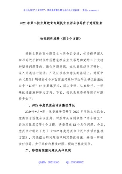  2023年第二批主题教育专题民主生活会领导班子对照检查检视剖析材料（新6个方面）