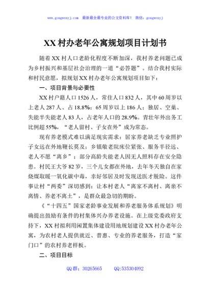 XX村办老年公寓规划项目计划书