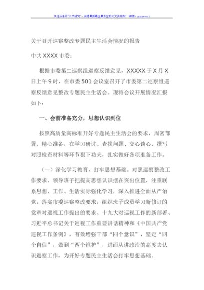 关于召开巡察整改专题民主生活会情况的报告