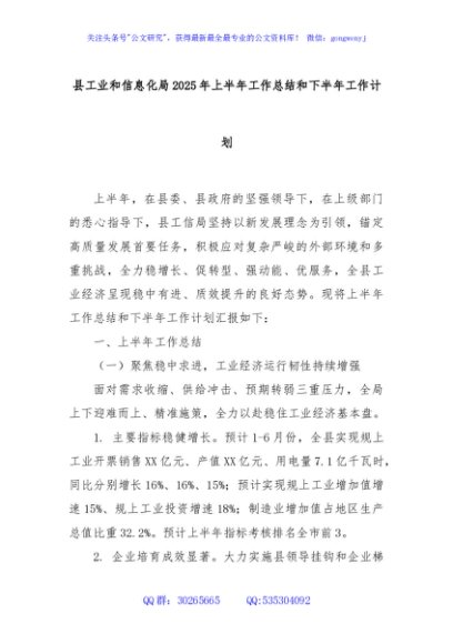 县工业和信息化局2025年上半年工作总结和下半年工作计划