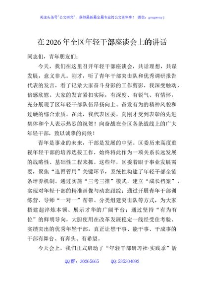 在2026年全区年轻干部座谈会上的讲话