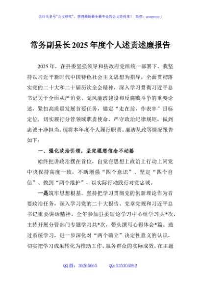 常务副县长2025年度个人述责述廉报告