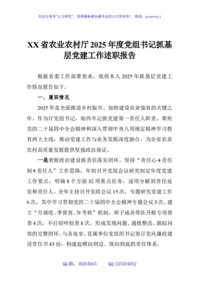 XX省农业农村厅2025年度党组书记抓基层党建工作述职报告