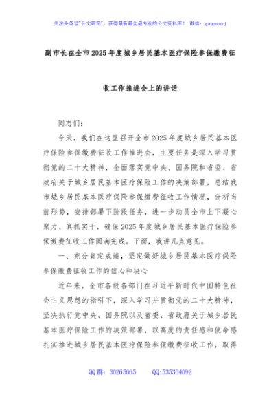 副市长在全市2025年度城乡居民基本医疗保险参保缴费征收工作推进会上的讲话