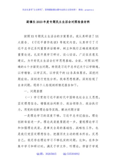 副镇长2023年度主题教育专题民主生活会对照检查材料