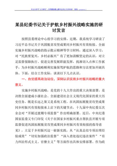 某县纪委书记关于护航乡村振兴战略实施的研讨发言