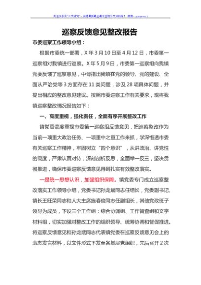 上报市巡察组！巡察反馈意见整改报告