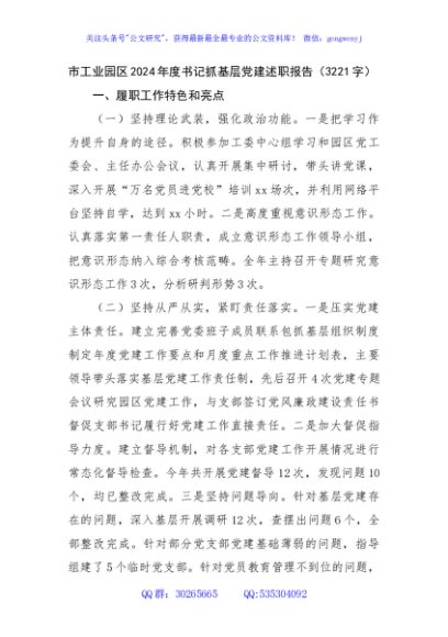 市工业园区2024年度书记抓基层党建述职报告（3221字）