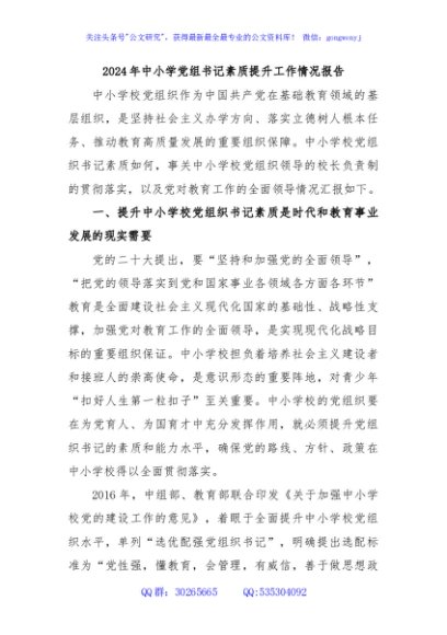 2024年中小学党组书记素质提升工作情况报告