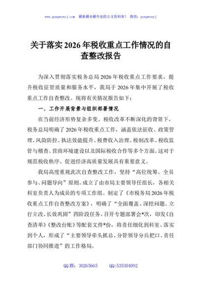 关于落实2026年税收重点工作情况的自查整改报告