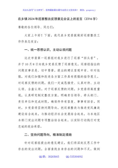 在乡镇2024年巡察整改反馈意见会议上的发言（2316字）
