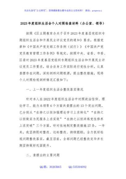 2023年度组织生活会个人对照检查材料（办公室、领导）