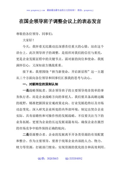 在国企领导班子调整会议上的表态发言