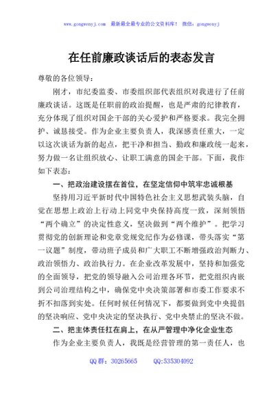 在任前廉政谈话后的表态发言