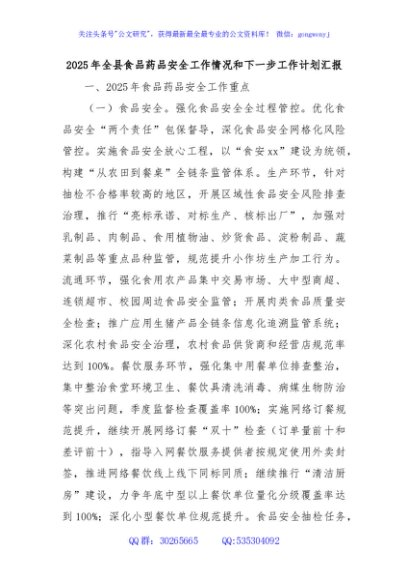 2025年全县食品药品安全工作情况和下一步工作计划汇报
