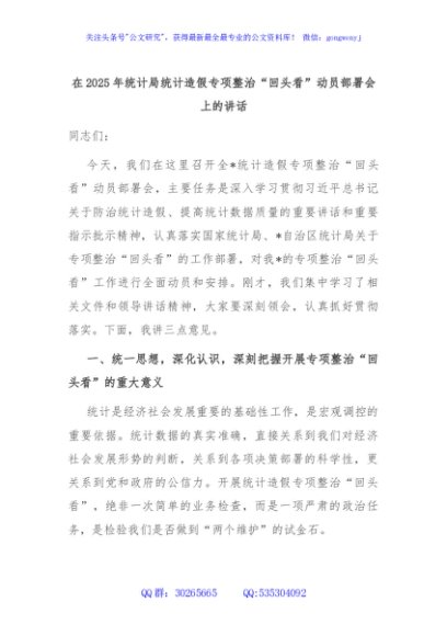在2025年统计局统计造假专项整治“回头看”动员部署会上的讲话