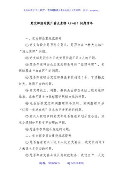 党支部规范提升重点查摆（7+42）问题清单