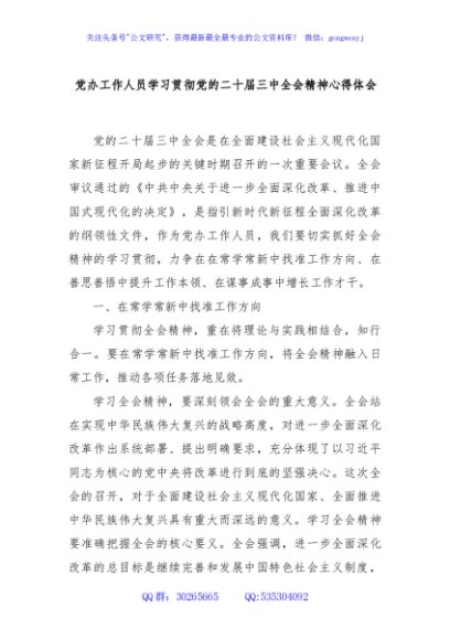 党办工作人员学习贯彻党的二十届三中全会精神心得体会