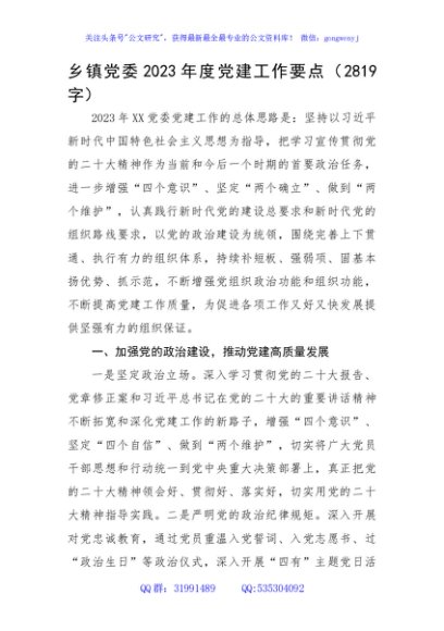 乡镇党委2023年度党建工作要点