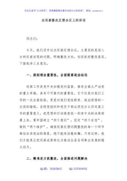 在巡察整改反馈会议上的讲话