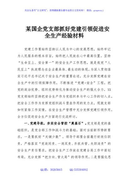某国企党支部抓好党建引领促进安全生产经验材料