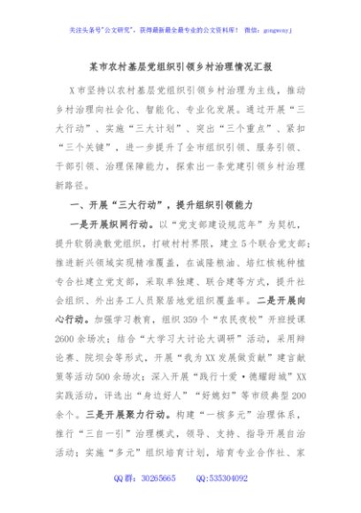 某市农村基层党组织引领乡村治理情况汇报