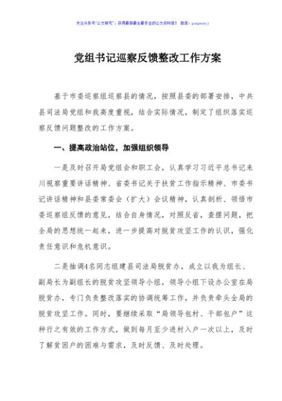 党组书记巡察反馈整改工作方案