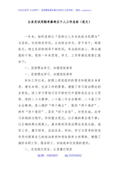 公务员试用期考察转正个人工作总结（范文）