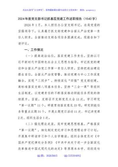 2024年度党支部书记抓基层党建工作述职报告（1543字）