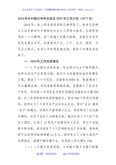 2024年乡村振兴年终总结及2025年工作计划（2571字）