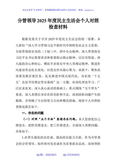 分管领导2025年度民主生活会个人对照检查材料