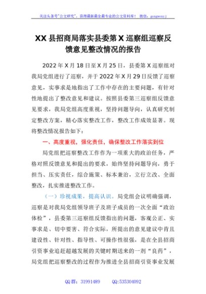 县招商局落实县委第三巡察组巡察反馈意见整改情况的报告